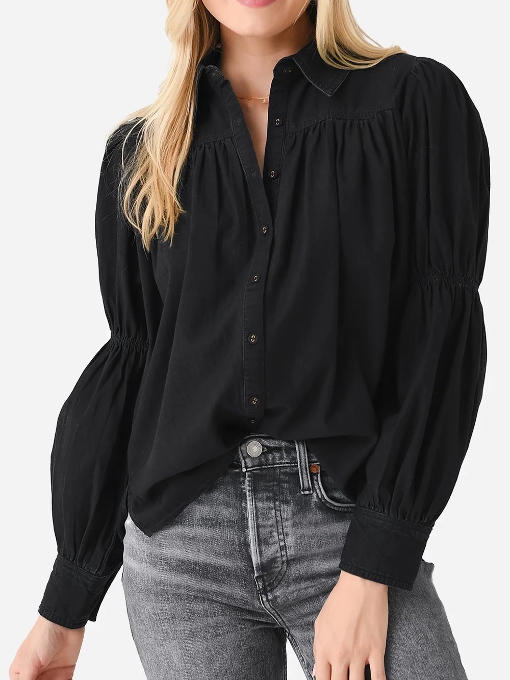 Cleobella Blakely Blouse Black Denim Button Down Shirt Puff Sleeve